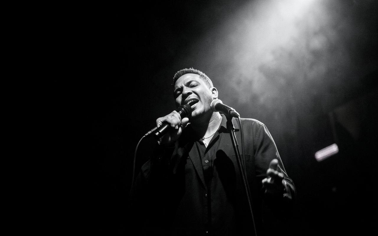 Vocalist singing into a microphone under a single spotlight