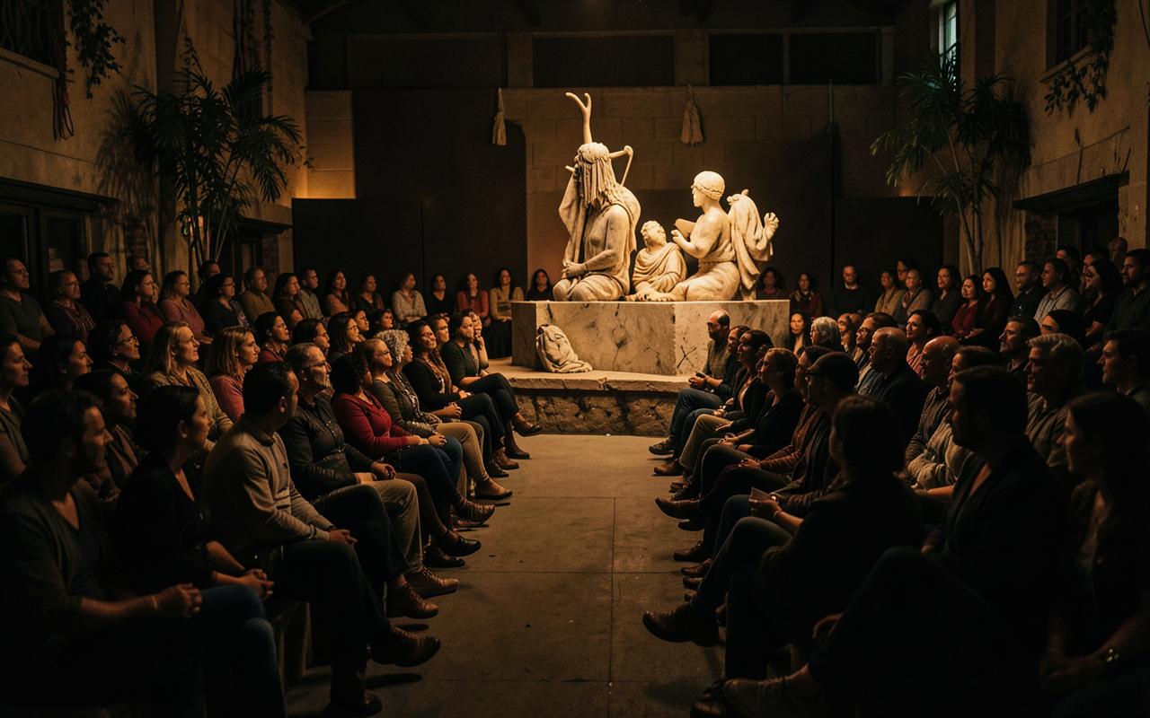 Audience seated in warm low light during a cultural event