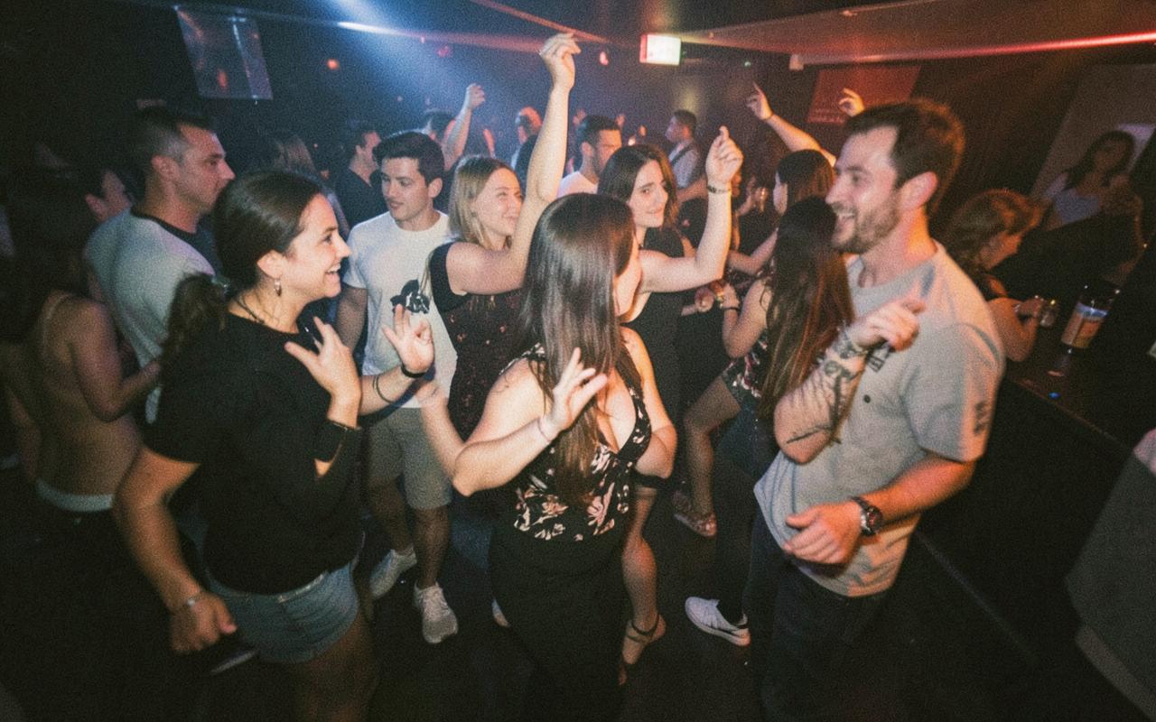 Dancers moving together on the floor during an electronic music night