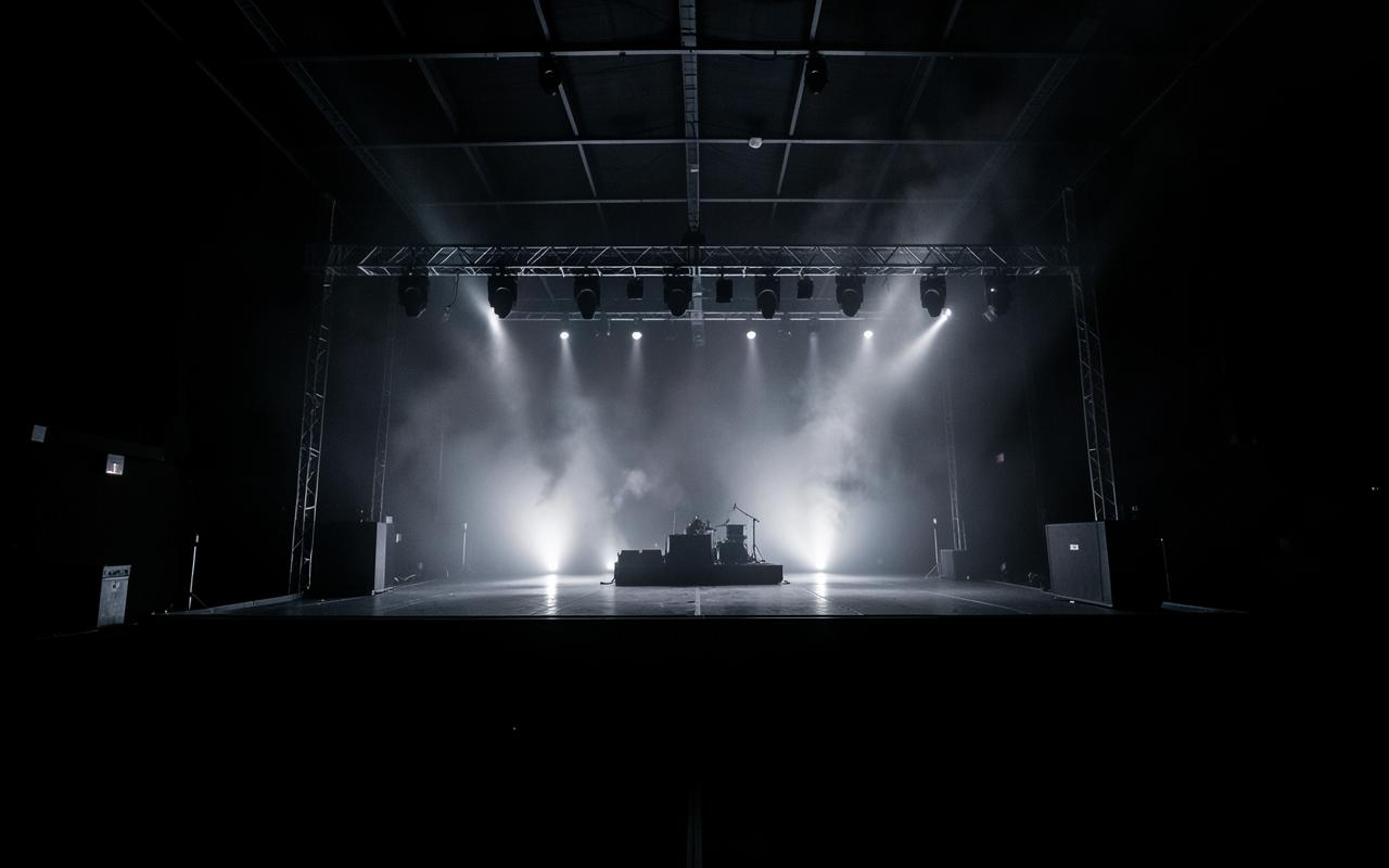 Empty concert stage lit by a lighting rig and haze before a performance